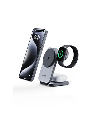 Aukey Lc-MC312 MagFusion Z Qi2 Mfw Certified 3-in-1 15W Foldable Magnetic Fast Wireless Charging Station 1.5ft Usb C-c Cable Included