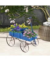 Wooden Wagon Plant Bed with Metal Wheels for Garden Yard Patio