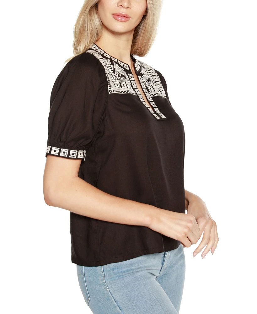 Belldini Women's Embroidered Boho Short Sleeve Top