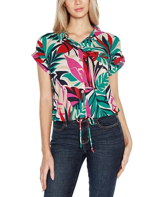 Belldini Women's Printed Collared Button-Front Printed Floral Top