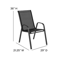 Seven Piece Patio Table Set With Metal Tempered Glass Top And 6 Flex Comfort Stacking Chairs
