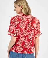 Nautica Jeans Women's Floral-Print Crochet-Trim Short-Sleeve Shirt