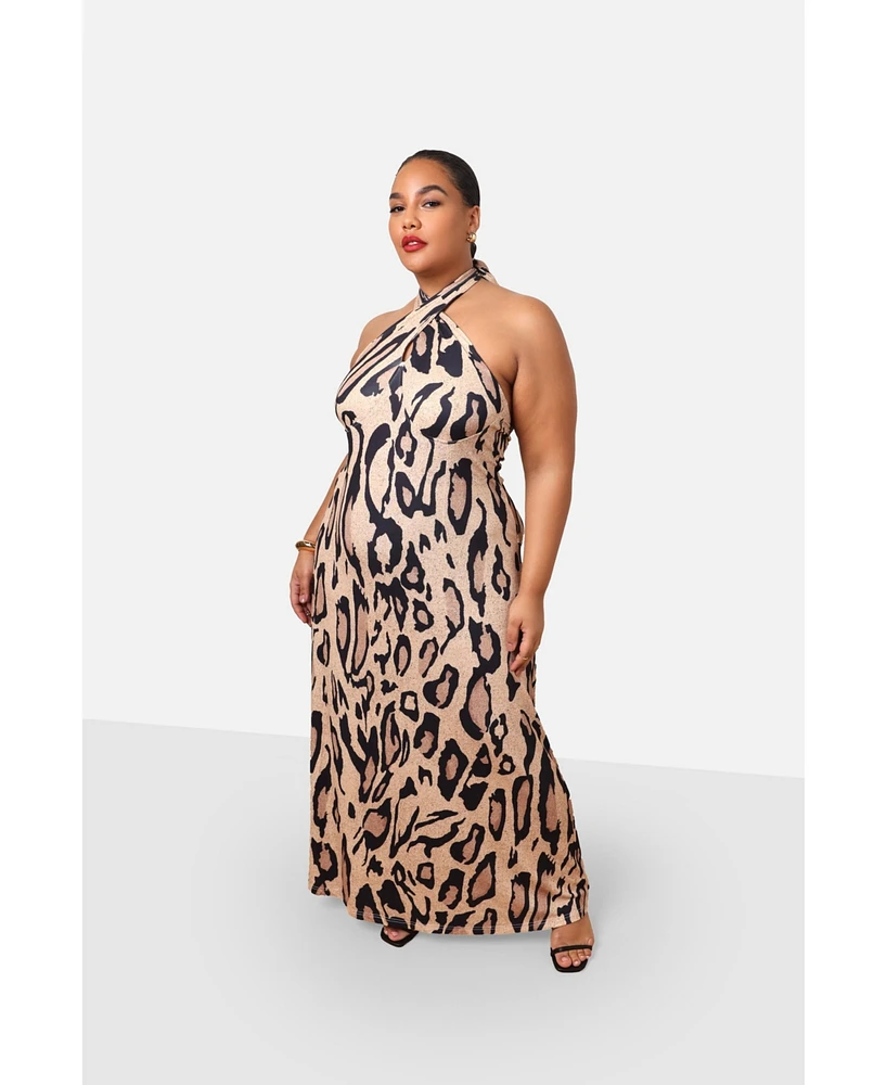 Rebdolls Plus Size Kenya Leopard Halter Maxi Slip Dress