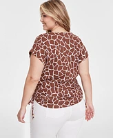 I.n.c. International Concepts Plus Animal-Print Ruched Side-Tie V-Neck Blouse, Created for Macy's