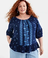 Style & Co Plus Printed 3/4-Sleeve Top