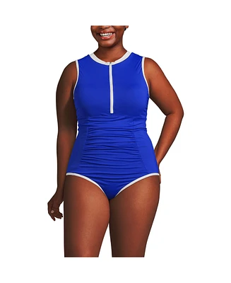 Lands' End Plus High Neck Zip Front One Piece Swimsuit with Pockets