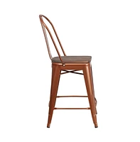 Sarah 24" Metal Indoor-Outdoor Counter Stool With Vertical Slat Back, Integrated Footrest And Wood Seat