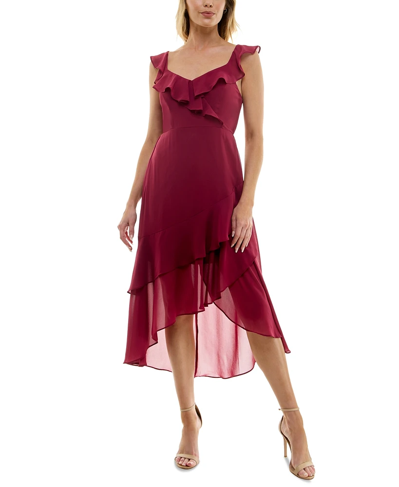 Bcx Juniors' Ruffle-Neck Asymmetric-Hem Chiffon Dress