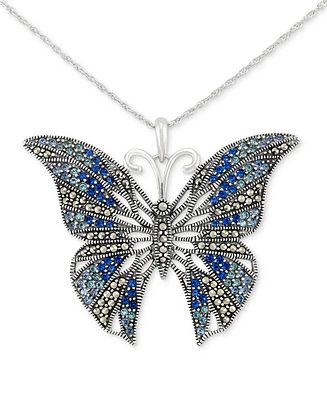 Marcasite (3/4 ct. t.w.) & Blue Crystal Butterfly 18" Pendant Necklace in Sterling Silver