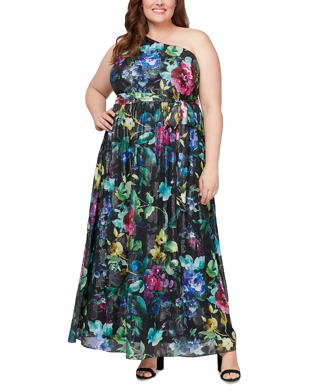 sl fashions dresses macy's Sl Fashions Plus Floral-Print One-Shoulder Gown