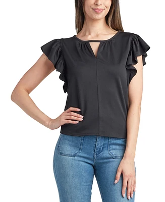 Bcx Juniors' Round-Neck Flutter-Sleeve Crepe Knit Top