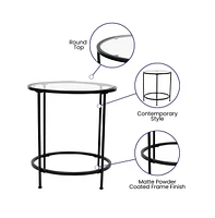 Merrick Lane Newbury Round Glass Coffee Table Set - 3 Piece Glass Table Set With Metal And Vertical Legs