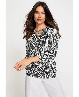 Olsen Women's Cotton Blend 3/4 Sleeve Zebra Print Tie-Neck T-Shirt