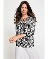 Olsen Women's Cotton Blend 3/4 Sleeve Zebra Print Tie-Neck T-Shirt