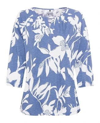 Olsen Women's 100% Organic Cotton 3/4 Sleeve Abstract Floral Print T-Shirt