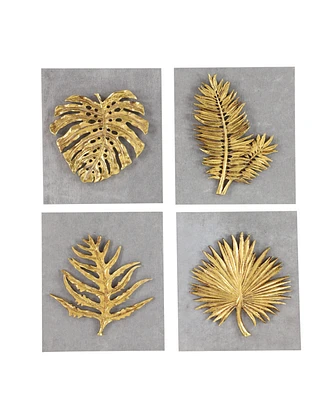 Rosemary Lane Gold Cement Stone Leaf Framed 3D Wall Decor, Set of 4 8"W, 11"H