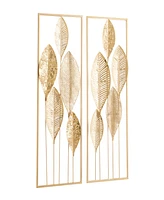 CosmoLiving by Cosmopolitan Gold Metal Tall Cut-Out Leaf Wall Decor with Gold Frame Set of 2 12"W, 36"H