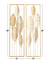 CosmoLiving by Cosmopolitan Gold Metal Tall Cut-Out Leaf Wall Decor with Gold Frame Set of 2 12"W, 36"H