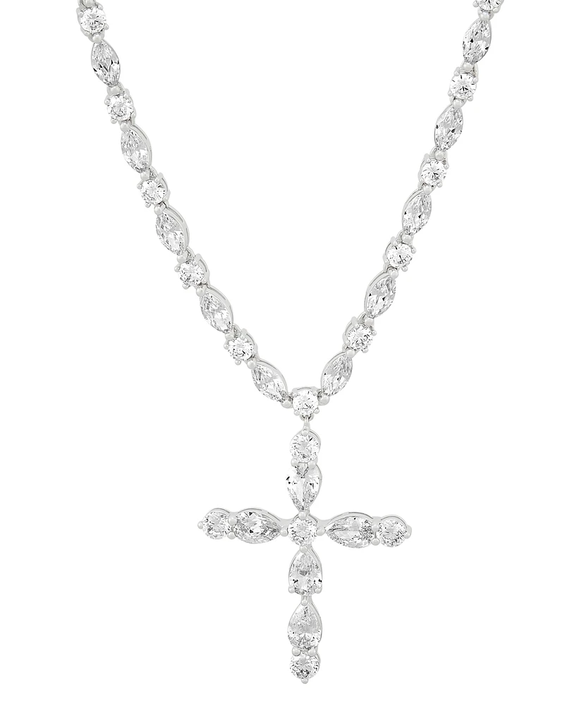 Arabella Cubic Zirconia Mixed Cut Cross 18" Pendant Necklace in Sterling Silver