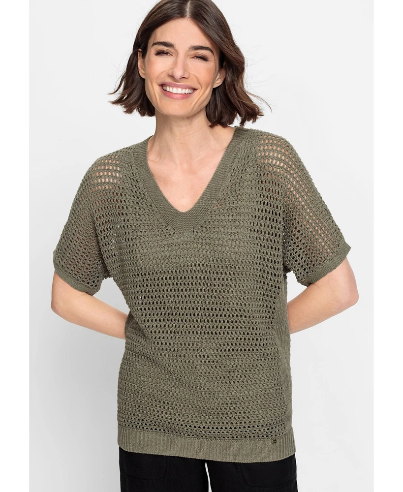 Olsen Women's Linen Blend Short Sleeve Open Knit Pullover