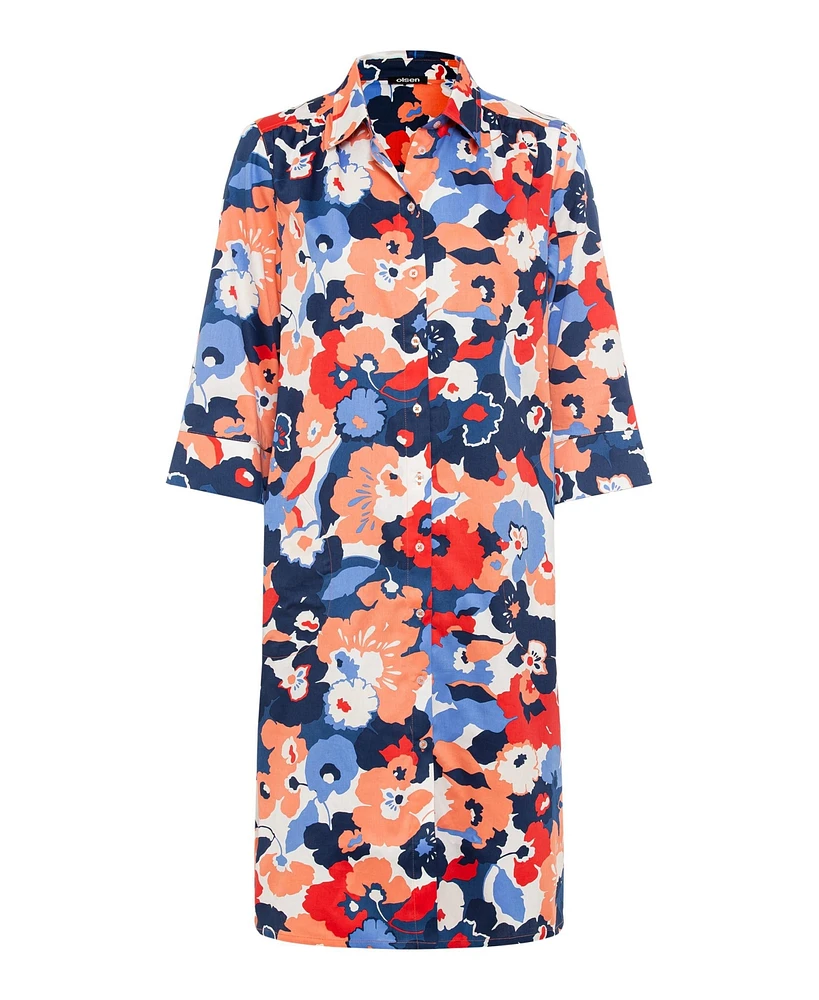 Olsen Women's 100% Cotton 3/4 Sleeve Floral Print Shirt Dress