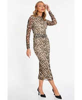 Quiz Women's Leopard Print Mesh Long Sleeve Maxi Dress