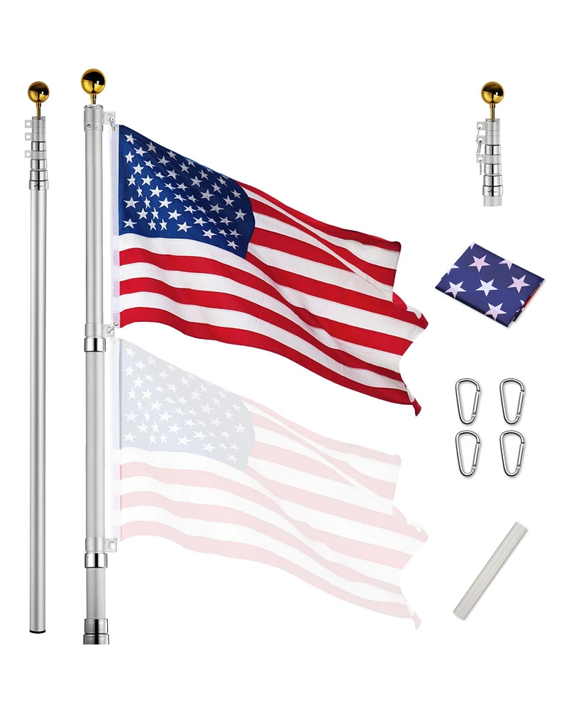 Yescom Ez Go 25ft Telescopic Flag Pole Kit Upgrade Rotating Lock for Outside Inground with 3x5' Us Flag Ball Top Silver