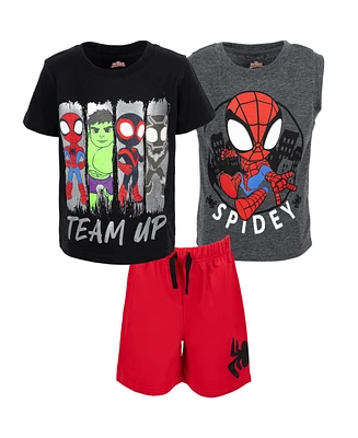Marvel Boys Spidey and His Amazing Friends T-Shirt Tank Top and French Terry Shorts 3 Piece Outfit Set Black/ Red/ Grey