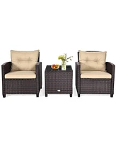 Gymax 3PCS Outdoor Patio Rattan Conversation Set w/ Cushion Coffee Table