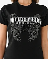 True Religion Women's Short Sleeve Crystal Wing Crew Tee