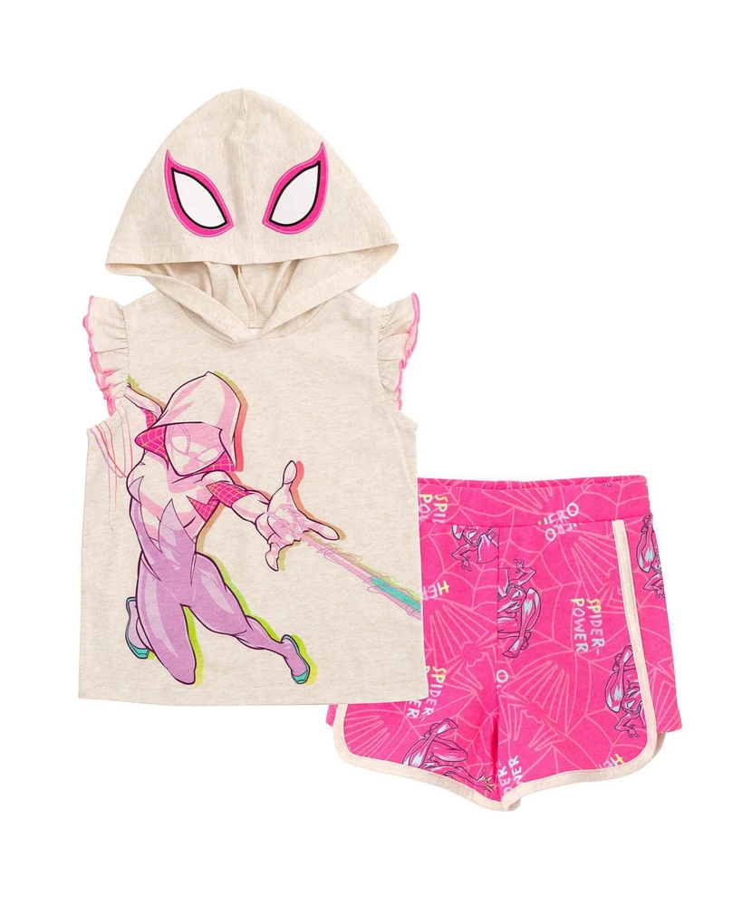 Spiderman Little Girls Marvel Spider-Man Spider-Gwen Ghost Spider Cosplay Hooded Tank Top & French Terry Shorts Outfit Set to