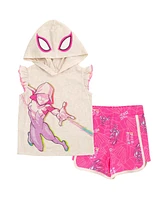 Spiderman Little Girls Marvel Spider-Man Spider-Gwen Ghost Spider Cosplay Hooded Tank Top & French Terry Shorts Outfit Set to
