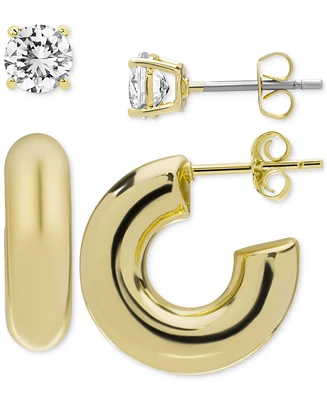 2-Pc. Set Lab Grown White Sapphire (2-1/10 ct. t.w.) Stud & Polished Half Hoop Earrings in 14k Gold-Plated Sterling Silver