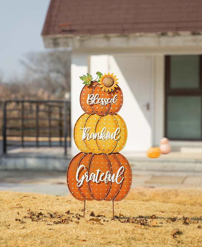 Glitzhome 35.5"H Thanksgiving Metal Stacked Pumpkins Yard Stake