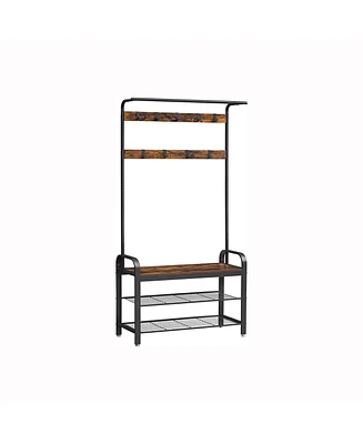 Slickblue Hall Tree With Shoe Bench For Entryway, Industrial Accent Furniture With Steel Frame