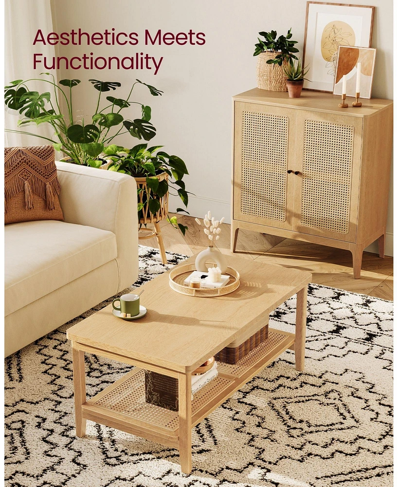 Slickblue 2-Tier Coffee Table for Living Room, with Pvc Rattan Storage Shelf, Rounded Corners