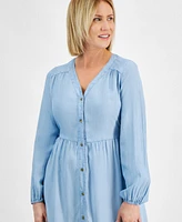 Style & Co Petite Chambray V-Neck Tiered Shirtdress, Created for Macy's