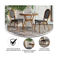Merrick Lane Celia Bistro Style Table With Glass Top, Pe Rattan, Stack Chairs