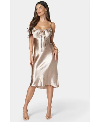 bebe Women's Hammered Satin Drawstring Midi Dress