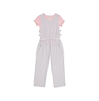 Derek Heart Little Girls Faux Linen Jumpsuit, Stripe/Lt Pink