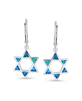 Bling Jewelry Created Blue Opal Religious Judaica Magen Hanukkah Star Of David Leverback Dangle Earrings For Women Bat Mitzvah Sterling Silver