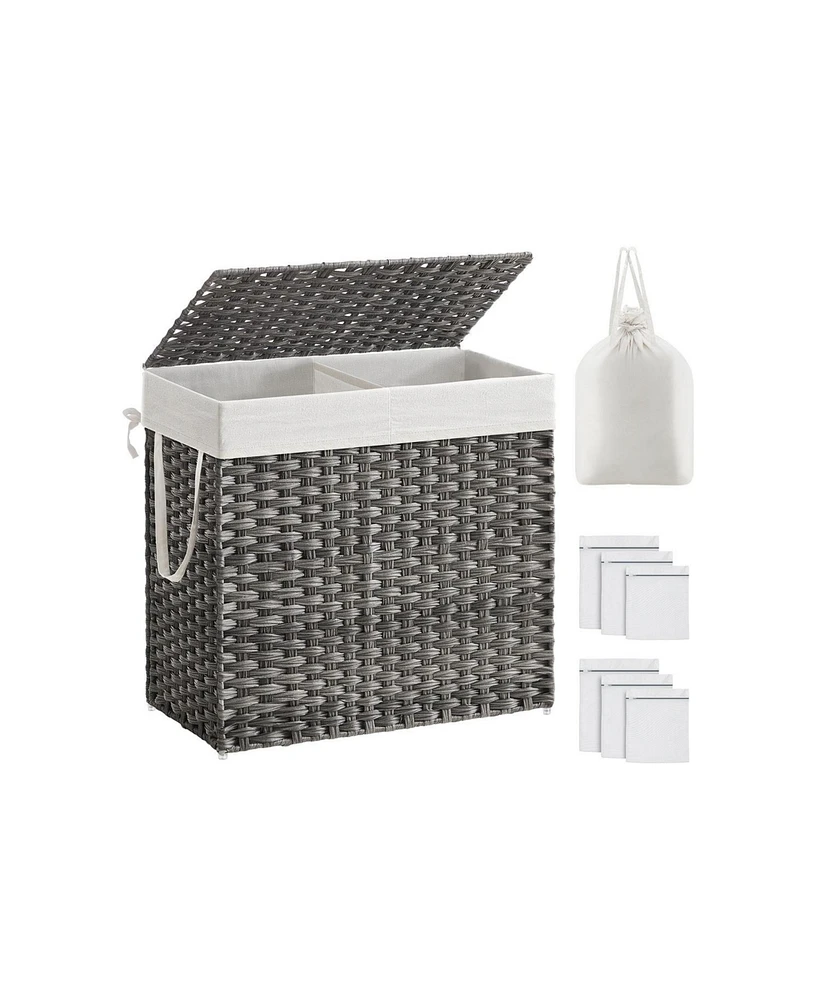 Slickblue Synthetic Rattan Laundry Hamper with Lid, 2 Sections Removable Liner Bag