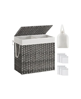 Slickblue Synthetic Rattan Laundry Hamper with Lid, 2 Sections Removable Liner Bag