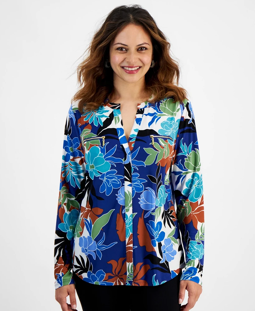 I.n.c. International Concepts Petite Floral-Print Zippered-Pocket Top, Created for Macy's