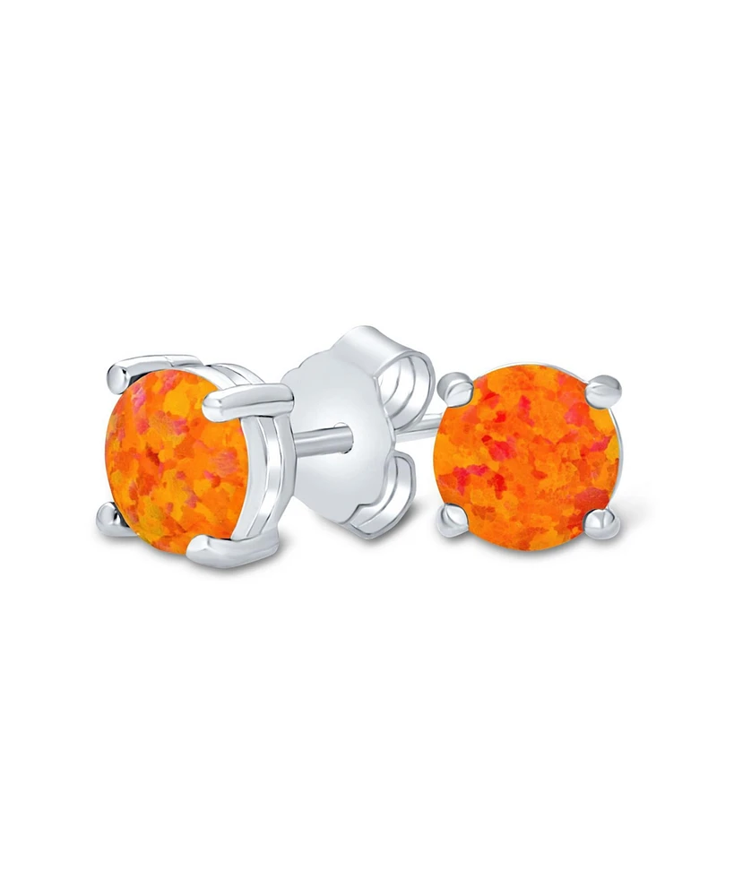 Bling Jewelry 1CT Lab Created Iridescent Orange Synthetic Fire Opal Round Solitaire Stud Earrings For Women Sterling Silver 6MM 4 Prong Basket Set