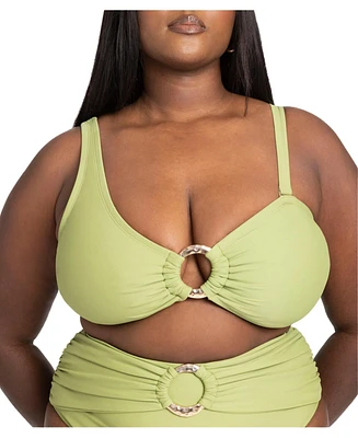 Eloquii Plus One Shoulder Ring Hardware Bikini Top - 18, Sage Green