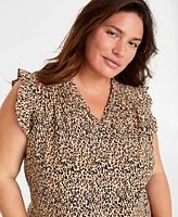 On 34th Trendy Plus Size Leopard-Print Ruffle-Sleeve Top, Created for Macy's