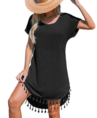 Cupshe Women's Black Round Neck Short Sleeve Tassel Hem Mini Beach Dress