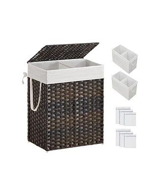 Slickblue Synthetic Rattan Laundry Hamper with Lid, 2 Sections Removable Liner Bag