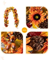Glitzhome 6ft Fall Sunflower, Maple Leaf and Berry Garland
